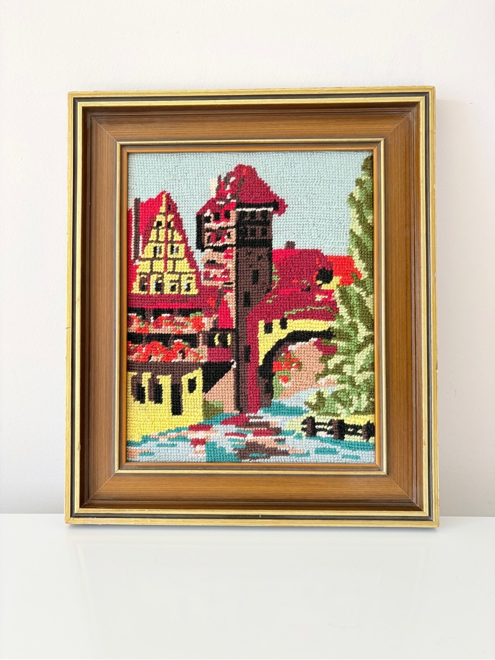 Vintage Needlepoint European Town Scene 
11 X 13 Village Life Bridge River